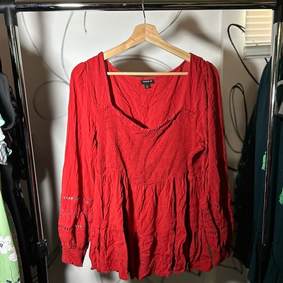 Torrid Orange Babydoll Slub with Lace Inset Smocked Tiered Top, Women’s Plus 2 - Picture 1 of 7